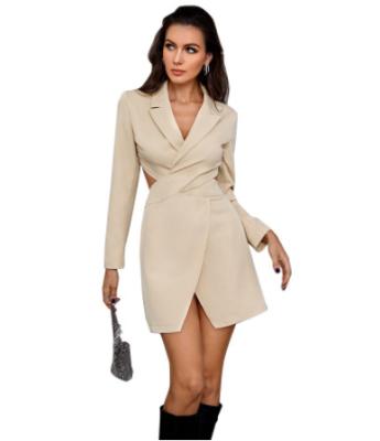 China Washable beige waist cut dress robe with long sleeves for sale