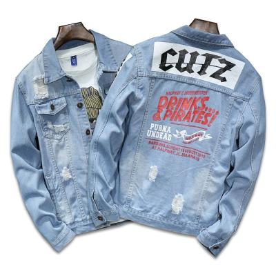 China 2020 new fashionable hole men's printing denim coat cheap high quality popular breathable denim jacket for sale