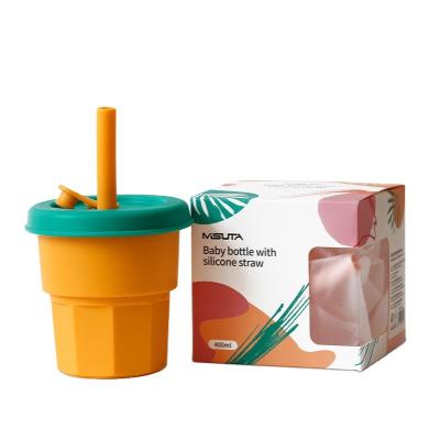 China 100% Eco-friendly Colorful Silicone Child Straw Water Cup Baby Bottle Drop-proof With Silicone Straw for sale