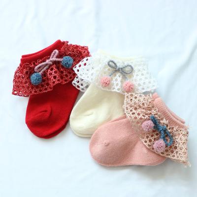 China Breathable Baby Bowknot Infant Pompom Bumps Spring Autumn Lace Princess Socks Cotton Baby Socks For Newborn for sale