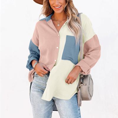 China Anti-pilling ladies long sleeve patchwork color casual shirts drop shoulder down shirts loose women blouses for sale