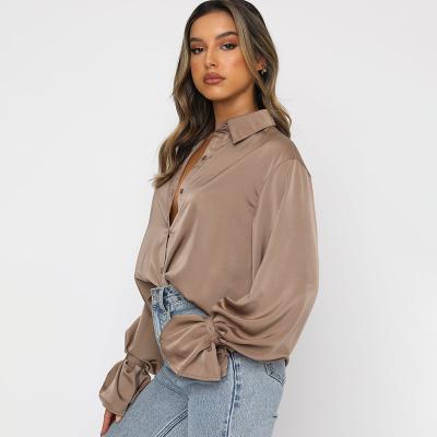 China Anti-pilling long sleeve fashion cotton shirt solid color warm loose button ruffled custom made to shapewear women tops casual blouses for sale