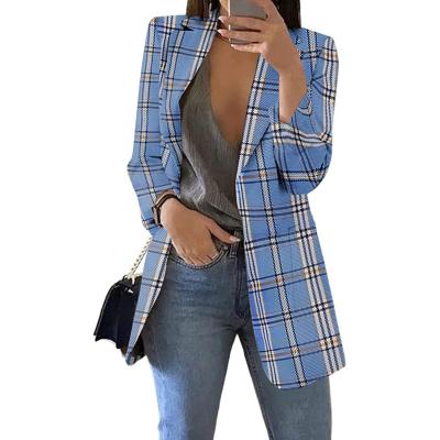 China Anti-Wrinkle Fashion Long Sleeve Slim Blazer Tuxedo Grid Suit Women Casual Soft Jacket Coat for sale