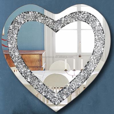 China Diamond Heart Shaped Glass Silver Crushed Ornate Modern Minimalist Vanity Hewn Wall Mirror for sale