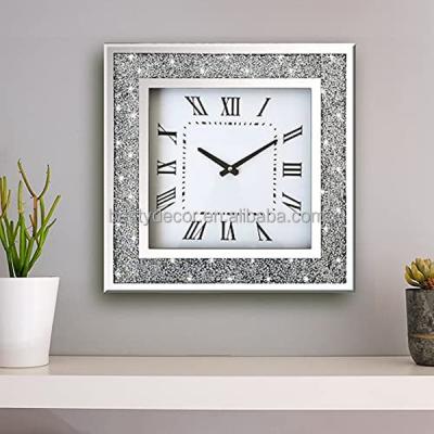 China LUMINOVA Modern Fashion Luxury Sparkle Diamond Mirror Square Wall Clock Crushed Silver Simple For Home for sale