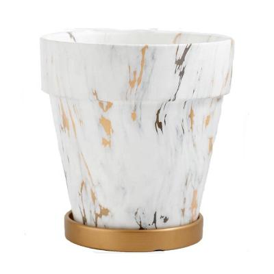 China 100% Handmade Porcelain Flower Pot Marble Ceramic Planters with Gold Stand for Home Decoration for sale