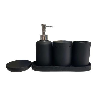 China Sustainable Luxury Black Resin Bathroom Accessories Set Liquid Soap Dispenser Soap Dish Tumblers Dab Box for sale