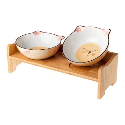 China Sustainable Wholesale Cartoon Bowls Cat Dog Feeders Bowl Ceramic Pet Food Tableware Water Bowl Bamboo Frame Non-Slip Pet Supplies Dog Cat for sale