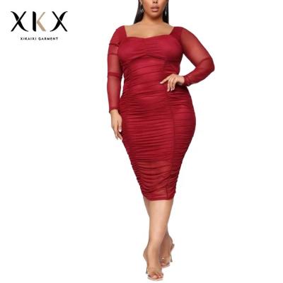 China Anti-Static Plus Size Women Bodycon Bandage Dress Solid Color Lace Long Sleeve Slim Midi Dress Dress for sale