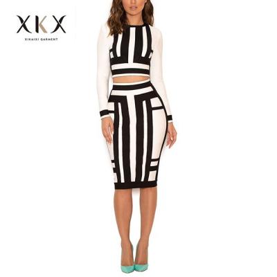 China 2021 Anti-Static Wholesale Copy Stripe Midi Skirt Long Sleeve Skirt Stripe Dress Casual Two Piece Set Women for sale