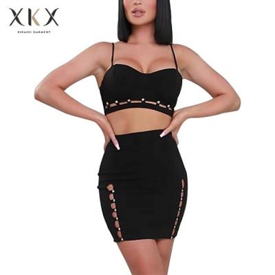 China Fashion New Design Summer Women Black Two-Piece Bodycon Bandage Dress Bodycon Bandage Dress Anti-static Fashion Strap Midi Dress for sale