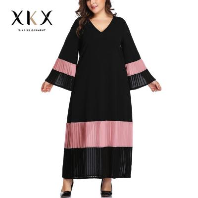 China Anti-Static Women Wholesale V Neck Flare Sleeve Contrast Color Pleated Oversized Maxi Dresses for sale