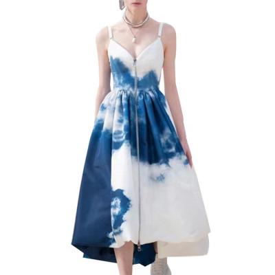 China Anti-static European and American style suspender tutu skirt spring and summer blue new dye tying zipper high waist mid length dress for sale