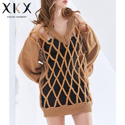 China 2021 spring new fashion temperament color pure hollow anti-pilling long sweater hand-knitted hollow loose crochet sweater for sale