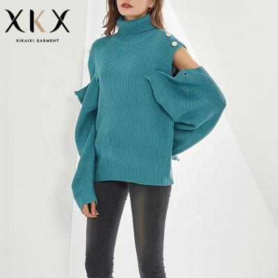 China Anti-pilling women autumn and winter mine stripe style design off-shoulder sweater turtle neck loose lazy sweater for sale