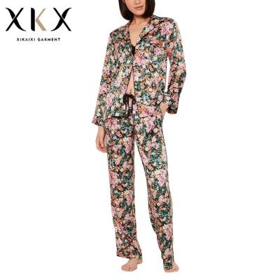 China 2021 Wholesale QUICK DRY Spring Sleepwear Women Print Long Sleeve Soft Satin Pajamas Set Women Sleepwear Pants Ice-silky Feel Pajamas for sale