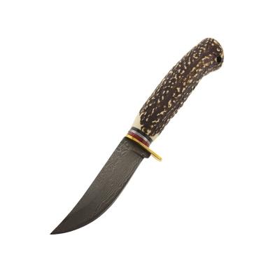 China High Quality Sharpness Deer Horn Damascus Handle Camouflage Hunting Knife With Leather Pouch for sale