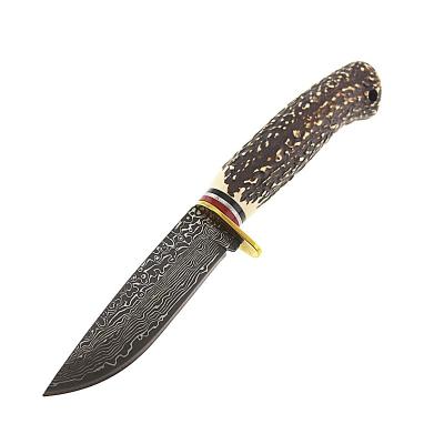 China Hot Selling Deer Horn Handle Non-variable Damascus Camouflage Hunting Knife With Leather Pouch for sale