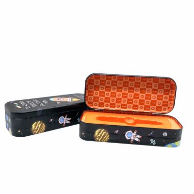 China China Recyclable Cheap Price Double Layer Pen Case Black Rectangular Stationery Tin Box for sale