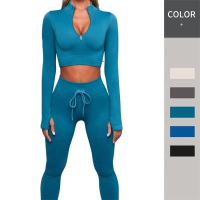 China Hot Selling Breathable 5 Piece Seamless Vertical Yoga Set Long Sleeve Tank Top Shorts Two Piece Sports Tracksuits Custom Activewear Women for sale