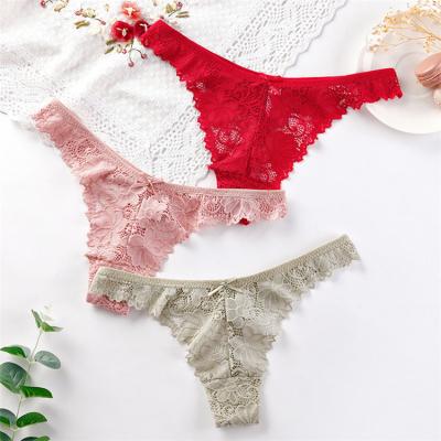 China Wholesale Fashion Antibacterial High Elastic For Hollow Breathable Low Waist Lace Thong Cotton Bottom Crotch Bottom Ladies Sexy Underwear for sale