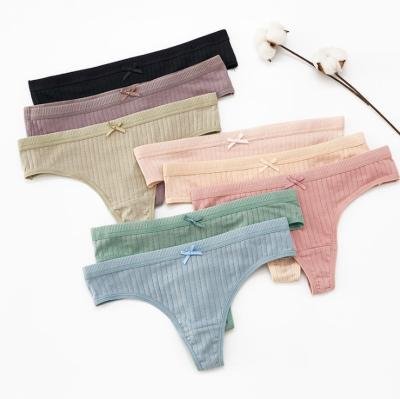 China Women Tanga Algodon Bow Panties Cotton Thong Antibacterial Ribbed Underwear Tangas Para Mujer for sale