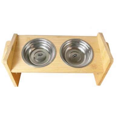 China Custom Sustainable Bamboo Pet Dining Table Pet Cat Bowl Dog Bowl Wood Double Bowl Feeder for sale