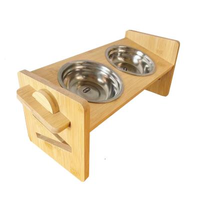 China Custom Sustainable Bamboo Pet Dining Table Pet Cat Bowl Dog Bowl Wood Double Bowl Feeder for sale