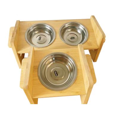 China Viable Height Adjustable Height Raised Wooden Pets Puppy Bamboo Feeder Drink Bowl Raised Bamboo Wooden Pets Feeder for sale