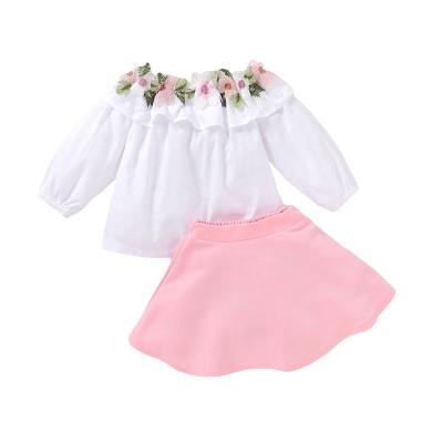 China Baby Lovely Casual Flower Fashion Round Neck Pink Skirt Suit Kids Clothing Two Piece Set for sale