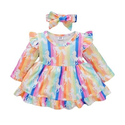 China New Design Newborn Baby Dry Cleaning Long Sleeve Rainbow Printing 2 Piece Infant Girls Dress for sale