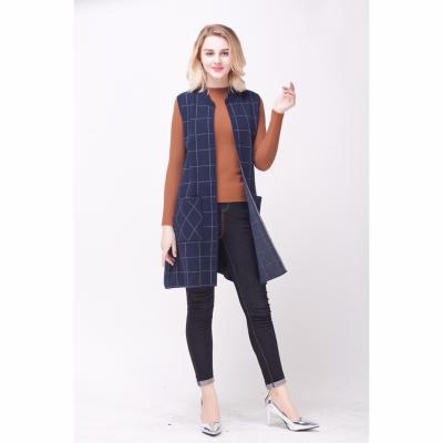 China Spring Anti-pilling 2021 Spring Women's Knitted Sweater Cardigan Dark Blue Long Sleeveless Cardigan for sale