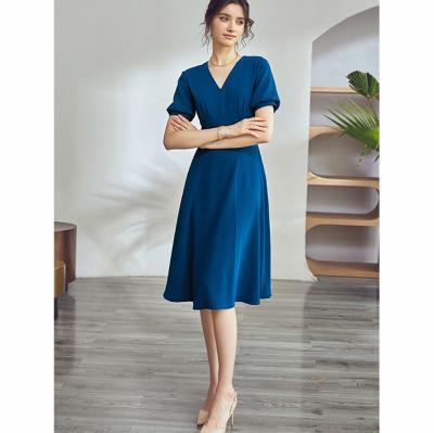 China New Design Breathable Short Sleeve Royalblue No Button Noble Wool Boutique Cardigan Dress Female for sale