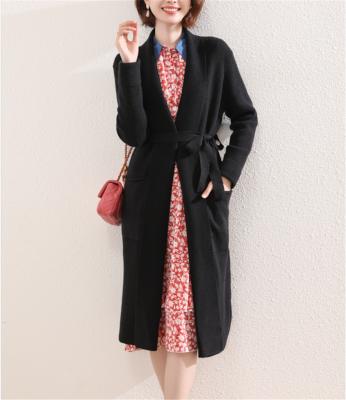 China Fashionable Women Breathable Cardigan Luxury V-neck Long Knit Sweater With Belt for sale