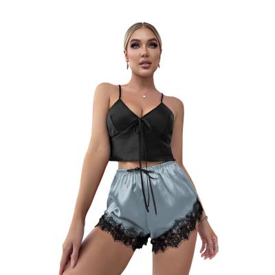 China Concise Design QUICK DRY Sleeveless Backless Homewear Pajamas Shorts And Straps Two Piece Set for sale