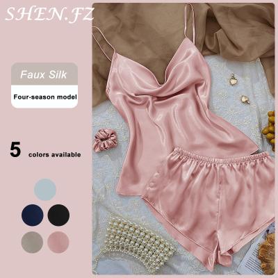 China QUICK DRY solid silk girl sexy light weight slim suspender pajamas shorts pajamas two-piece set for sale