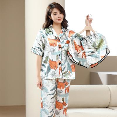 China Fashionable printed short cardigan QUICK DRY pajamas sleeveless pants three piece pajamas for sale