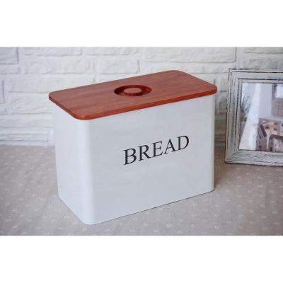 China Retro White Steamable Kitchen Bread Storage Box With Metal Bamboo Cutting Board Customized Bread Bin for sale