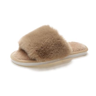 China New open toe home word fur slipper winter floor plush cotton warm slippers women's autumn and winter fashion trend cotton slippers shoes for sale