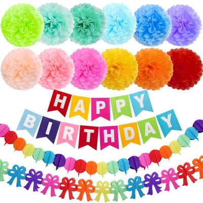 China Birthday Party Paper Decorations Set Paper Pom Poms, Happy Birthday Party Bunting Banner, Rainbow Birthday Paper Garland for sale