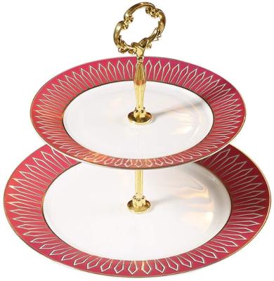 China Disposable Porcelain 2 Tier Cake Stand 2 Layers , Antique Cake Plates With Gold for sale