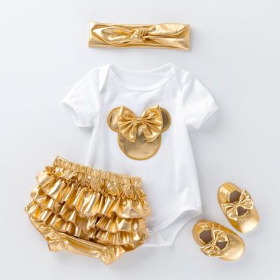 China Anti-wrinkle baby shower gift set newborn baby 4pcs summer body suit and pants set baby white rompers with pants for sale