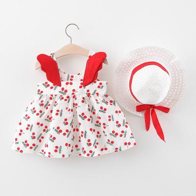 China Modern Angle Sleeveless Wing Summer Anti-wrinkle Cherry Print Little Girl Toddler Girls Floral Dress Hat Infant Set for sale