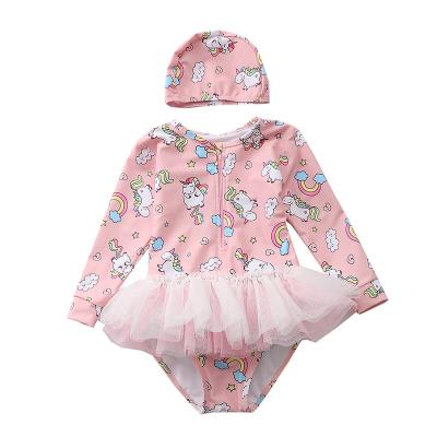 China Breathable Korean Baby Swimsuit Print Unicorn Style One Piece Little Girl Long Sleeve Tulle Swimwear for sale