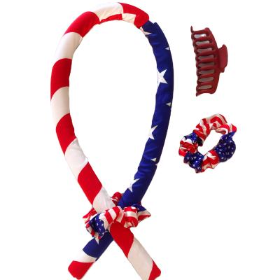 China Eco-Friendly American Flag Printing Heatless Hair Curlers For Long Hair To Sleep In Overnight 19mm Non Heat Curling Iron Headband Silk Ribbon for sale