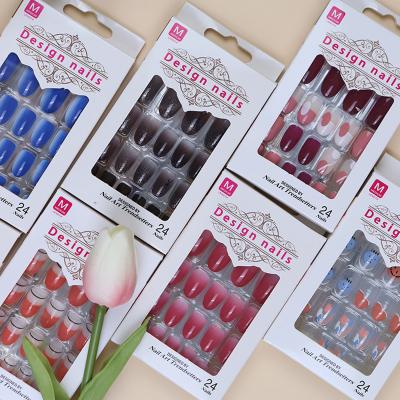 China 24pcs/box Flexibility Artificial Fake Nails Short Coffin Copy Long Wearing Armor Fashion Girl Nail Sticker Full Coverage Wearable Press for sale