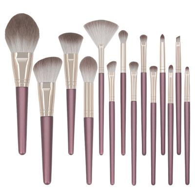 China Angular Blush Anzini high quality 14pcs Natural Makeup Brushes Purple Frosted Wooden handle Fiber bristles Spot wholesale makeup brush set for sale