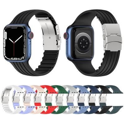 China Replacement Watch Band For Apple Watch Ultra 8 7 6 Pure Metal Folding Clasp 38mm 40mm 42mm Color Stripe Pattern Silicone Watch Strap 44mm for sale