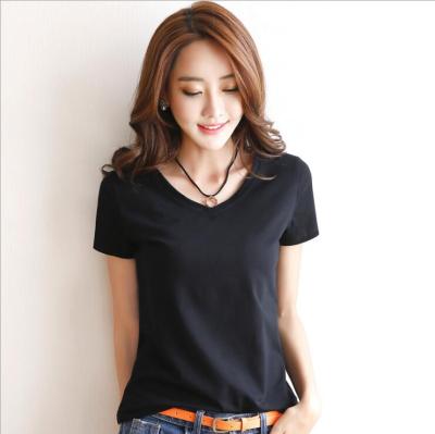 China Wholesale QUICK DRY women's T-shirt pure white short-sleeved cotton 2021 solid color new summer ladies T-shirts V-neck short-sleeved for sale