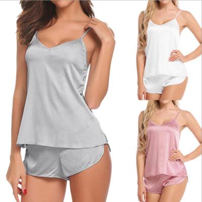 China Wholesale Custom Breathable Logo Cami Top And Shorts Sleep Wear Pijama Lace Summer Women Satin Pajamas Set for sale